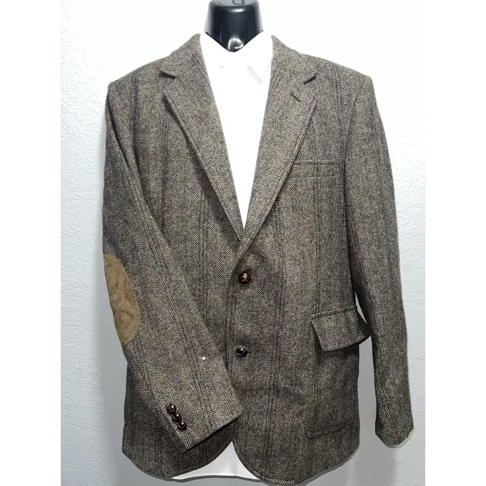 PENDELTON Blazer 44L Sport Coat Jacket Virgin Wool Brown Herringbone Elbow Patch